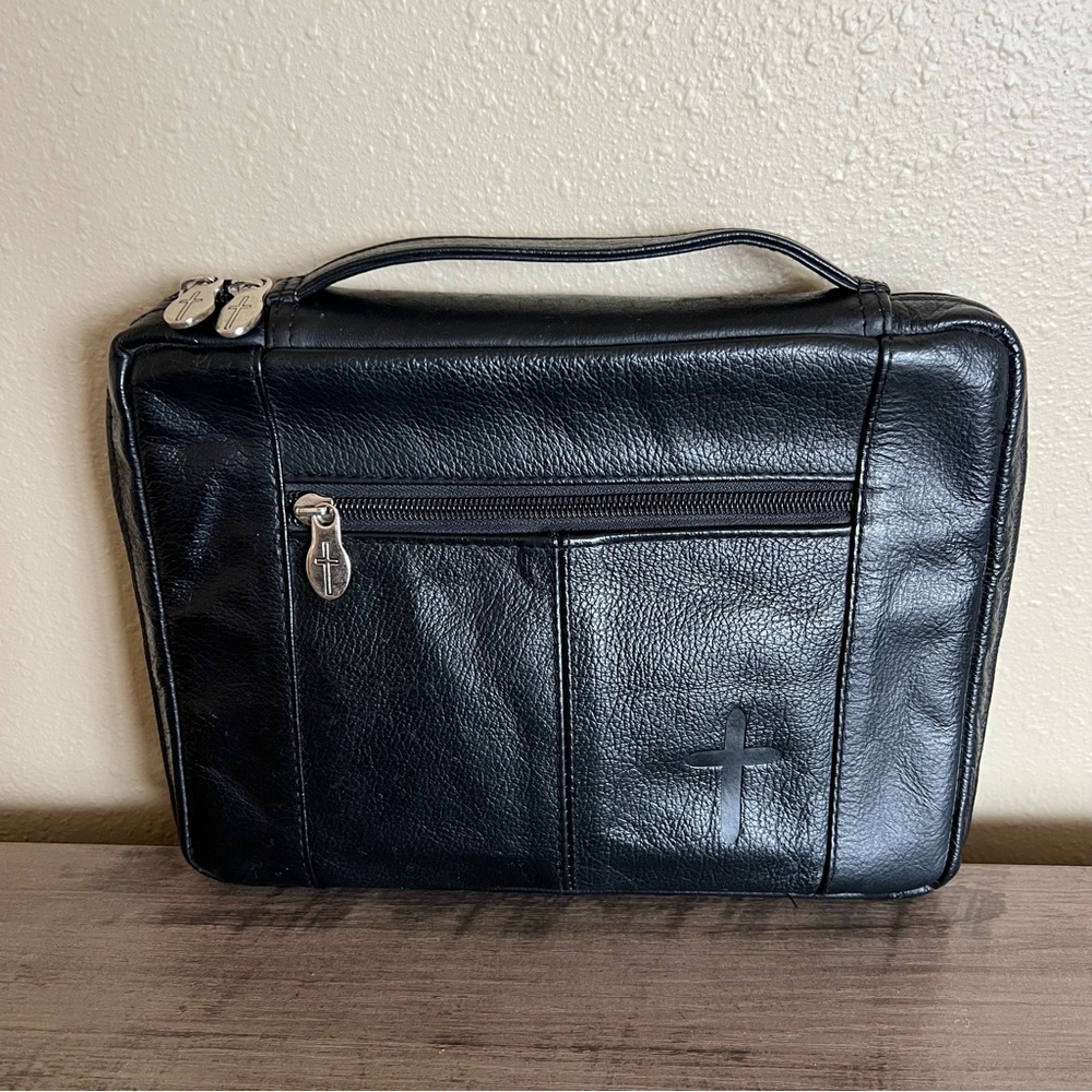 Vintage Black Leather Bible Case Zipper Pocket Cross Zip Around Handle *READ